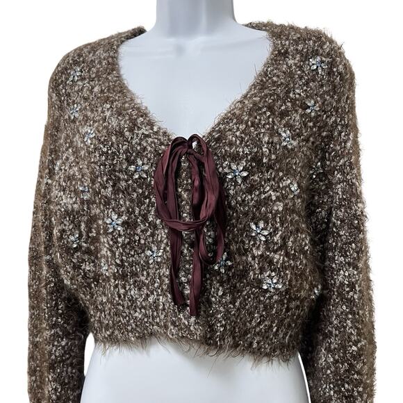Free People Twinkle Tie Front Cropped Cardigan Size S Brown Flower Rhinestones - Picture 1 of 9